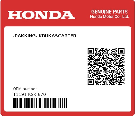 Product image: Honda - 11191-KSK-670 - .PAKKING, KRUKASCARTER  0
