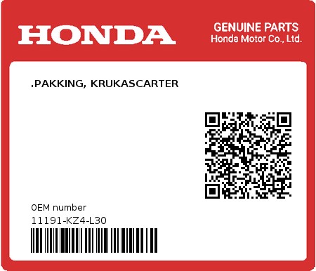 Product image: Honda - 11191-KZ4-L30 - .PAKKING, KRUKASCARTER  0