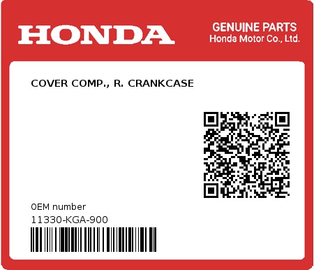 Product image: Honda - 11330-KGA-900 - COVER COMP., R. CRANKCASE 