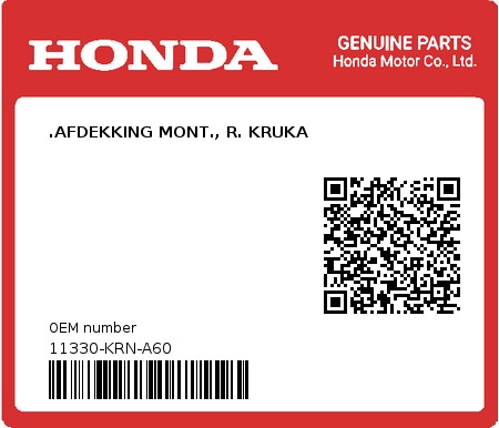 Product image: Honda - 11330-KRN-A60 - .AFDEKKING MONT., R. KRUKA 