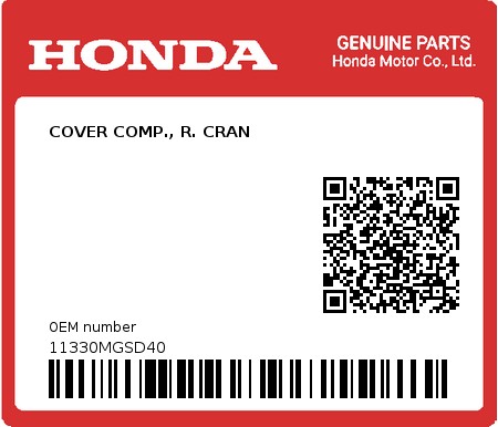 Product image: Honda - 11330MGSD40 - COVER COMP., R. CRAN  0