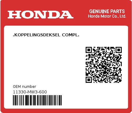 Product image: Honda - 11330-MW3-600 - .KOPPELINGSDEKSEL COMPL. 