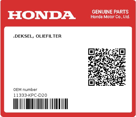Product image: Honda - 11333-KPC-D20 - .DEKSEL, OLIEFILTER  0