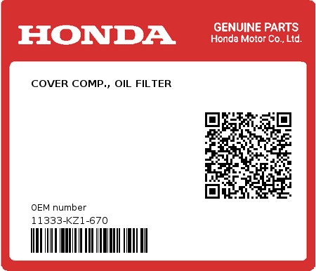 Product image: Honda - 11333-KZ1-670 - COVER COMP., OIL FILTER 