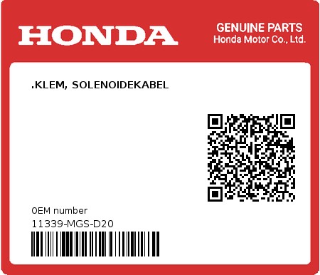 Product image: Honda - 11339-MGS-D20 - .KLEM, SOLENOIDEKABEL  0