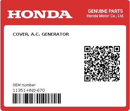 Product image: Honda - 11351-HN0-670 - COVER, A.C. GENERATOR 