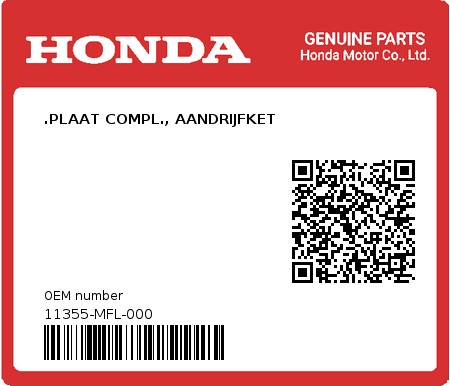 Product image: Honda - 11355-MFL-000 - .PLAAT COMPL., AANDRIJFKET  0