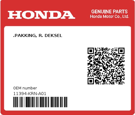 Product image: Honda - 11394-KRN-A01 - .PAKKING, R. DEKSEL  0