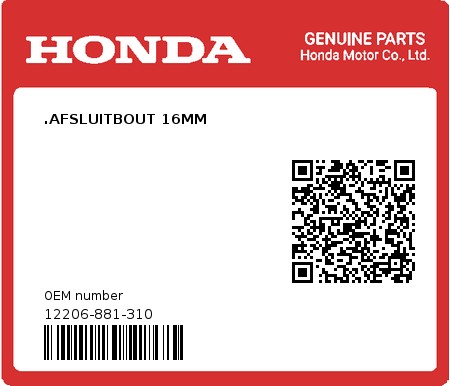 Product image: Honda - 12206-881-310 - .AFSLUITBOUT 16MM  0