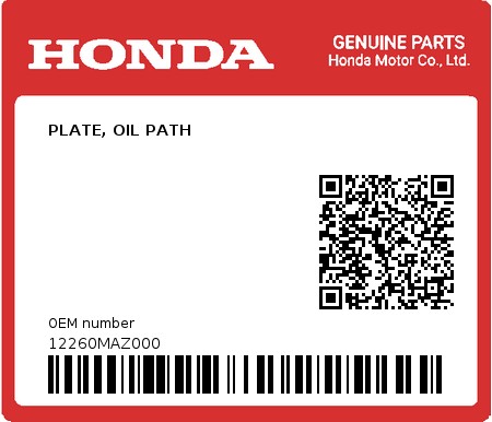 Product image: Honda - 12260MAZ000 - PLATE, OIL PATH 