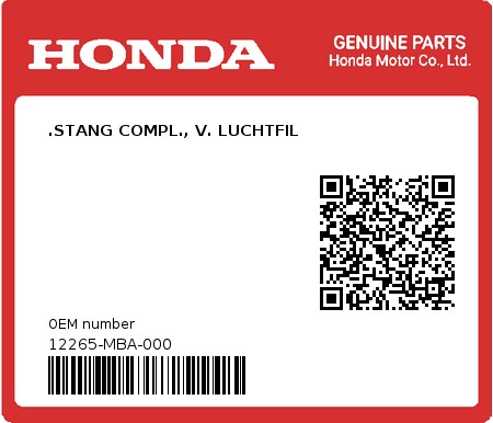 Product image: Honda - 12265-MBA-000 - .STANG COMPL., V. LUCHTFIL  0