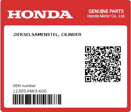 Product image: Honda - 12305-MW3-600 - .DEKSELSAMENSTEL, CILINDER 