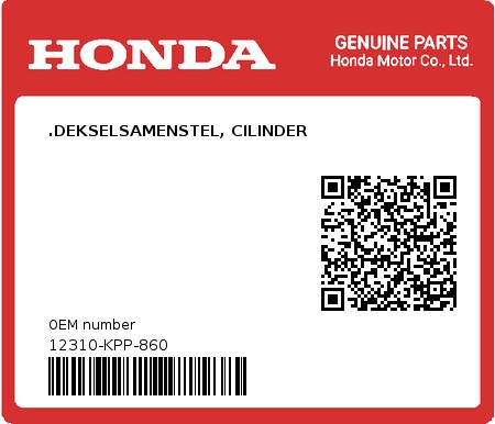 Product image: Honda - 12310-KPP-860 - .DEKSELSAMENSTEL, CILINDER 