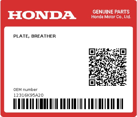 Product image: Honda - 12316K95A20 - PLATE, BREATHER  0