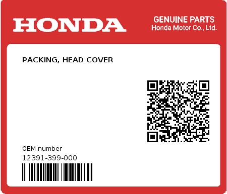 Product image: Honda - 12391-399-000 - PACKING, HEAD COVER 