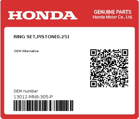 Product image: Honda - 13012-MN9-305-P - RING SET,PISTON(0.25)  0