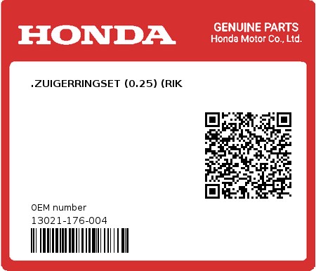 Product image: Honda - 13021-176-004 - .ZUIGERRINGSET (0.25) (RIK  0