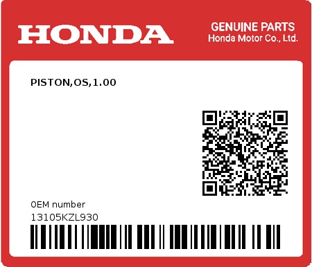 Product image: Honda - 13105KZL930 - PISTON,OS,1.00  0