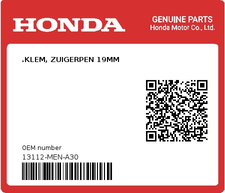 Product image: Honda - 13112-MEN-A30 - .KLEM, ZUIGERPEN 19MM  0