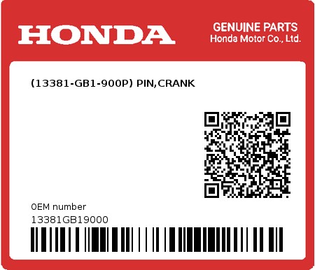 Product image: Honda - 13381GB19000 - (13381-GB1-900P) PIN,CRANK  0