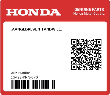 Product image: Honda - 13422-KRN-670 - .AANGEDREVEN TANDWIEL,  0