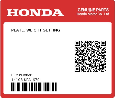 Product image: Honda - 14105-KRN-670 - PLATE, WEIGHT SETTING  0