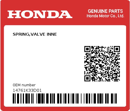 Product image: Honda - 14761K33D01 - SPRING,VALVE INNE  0
