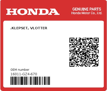 Product image: Honda - 16011-GZ4-670 - .KLEPSET, VLOTTER  0