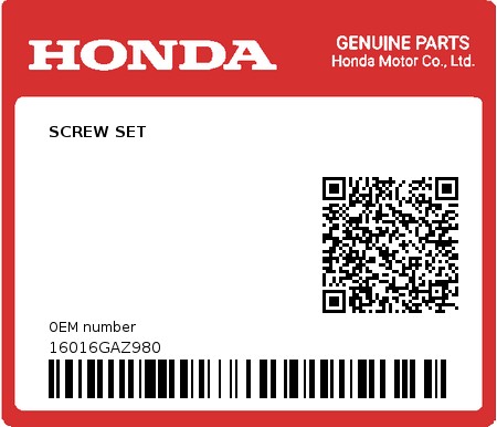 Product image: Honda - 16016GAZ980 - SCREW SET 