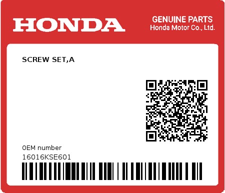 Product image: Honda - 16016KSE601 - SCREW SET,A  0