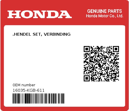 Product image: Honda - 16035-KGB-611 - .HENDEL SET, VERBINDING 