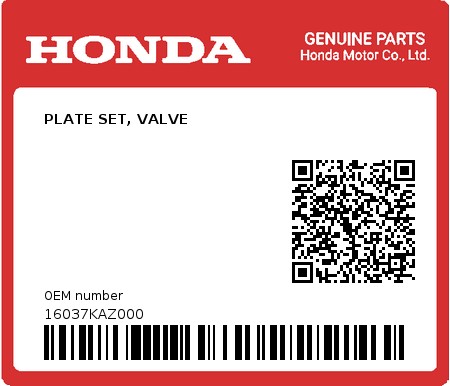 Product image: Honda - 16037KAZ000 - PLATE SET, VALVE  0