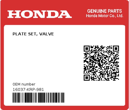 Product image: Honda - 16037-KRP-981 - PLATE SET, VALVE 