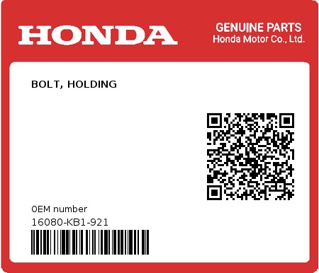 Product image: Honda - 16080-KB1-921 - BOLT, HOLDING  0