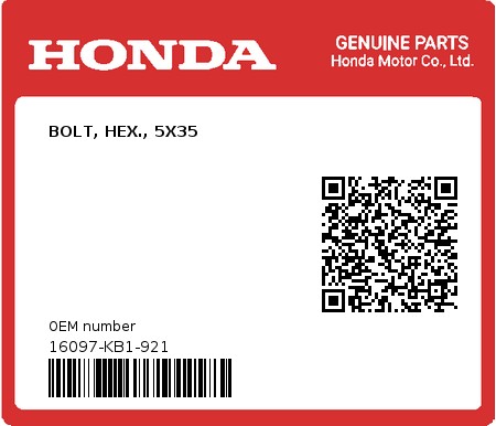 Product image: Honda - 16097-KB1-921 - BOLT, HEX., 5X35  0