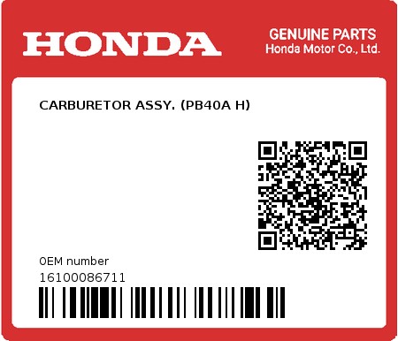 Product image: Honda - 16100086711 - CARBURETOR ASSY. (PB40A H)  0