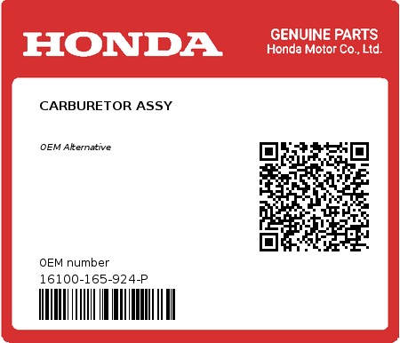 Product image: Honda - 16100-165-924-P - CARBURETOR ASSY  0