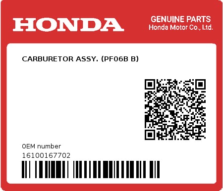Product image: Honda - 16100167702 - CARBURETOR ASSY. (PF06B B)  0