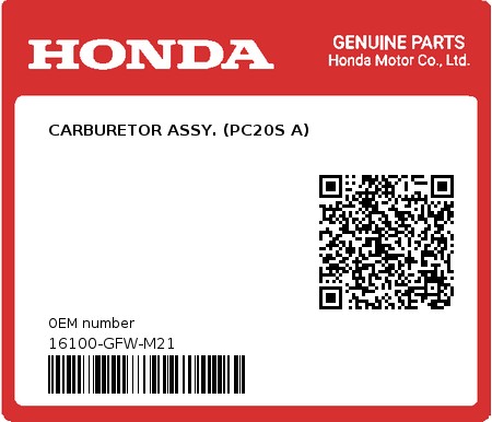 Product image: Honda - 16100-GFW-M21 - CARBURETOR ASSY. (PC20S A)  0