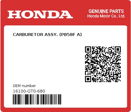 Product image: Honda - 16100-GT0-680 - CARBURETOR ASSY. (PB58F A)  0
