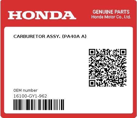 Product image: Honda - 16100-GY1-962 - CARBURETOR ASSY. (PA40A A)  0