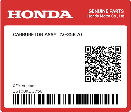 Product image: Honda - 16100KBG750 - CARBURETOR ASSY. (VE35B A)  0