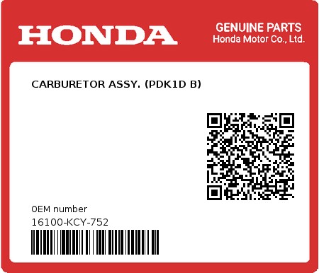 Product image: Honda - 16100-KCY-752 - CARBURETOR ASSY. (PDK1D B)  0