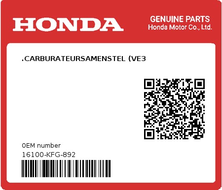 Product image: Honda - 16100-KFG-892 - .CARBURATEURSAMENSTEL (VE3  0