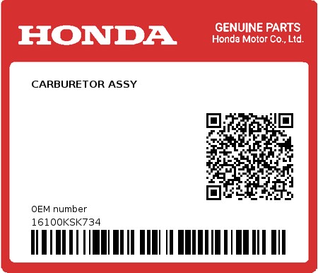 Product image: Honda - 16100KSK734 - CARBURETOR ASSY  0