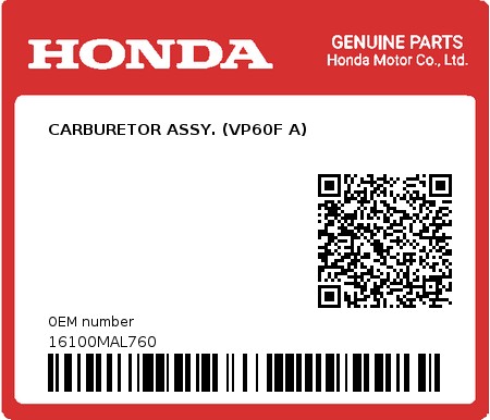 Product image: Honda - 16100MAL760 - CARBURETOR ASSY. (VP60F A)  0