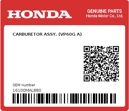 Product image: Honda - 16100MAL880 - CARBURETOR ASSY. (VP60G A)  0