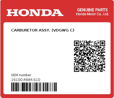 Product image: Honda - 16100-MAM-S10 - CARBURETOR ASSY. (VDGWG C)  0
