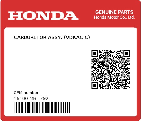 Product image: Honda - 16100-MBL-792 - CARBURETOR ASSY. (VDKAC C)  0