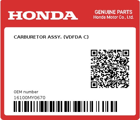 Product image: Honda - 16100MY0670 - CARBURETOR ASSY. (VDFDA C)  0